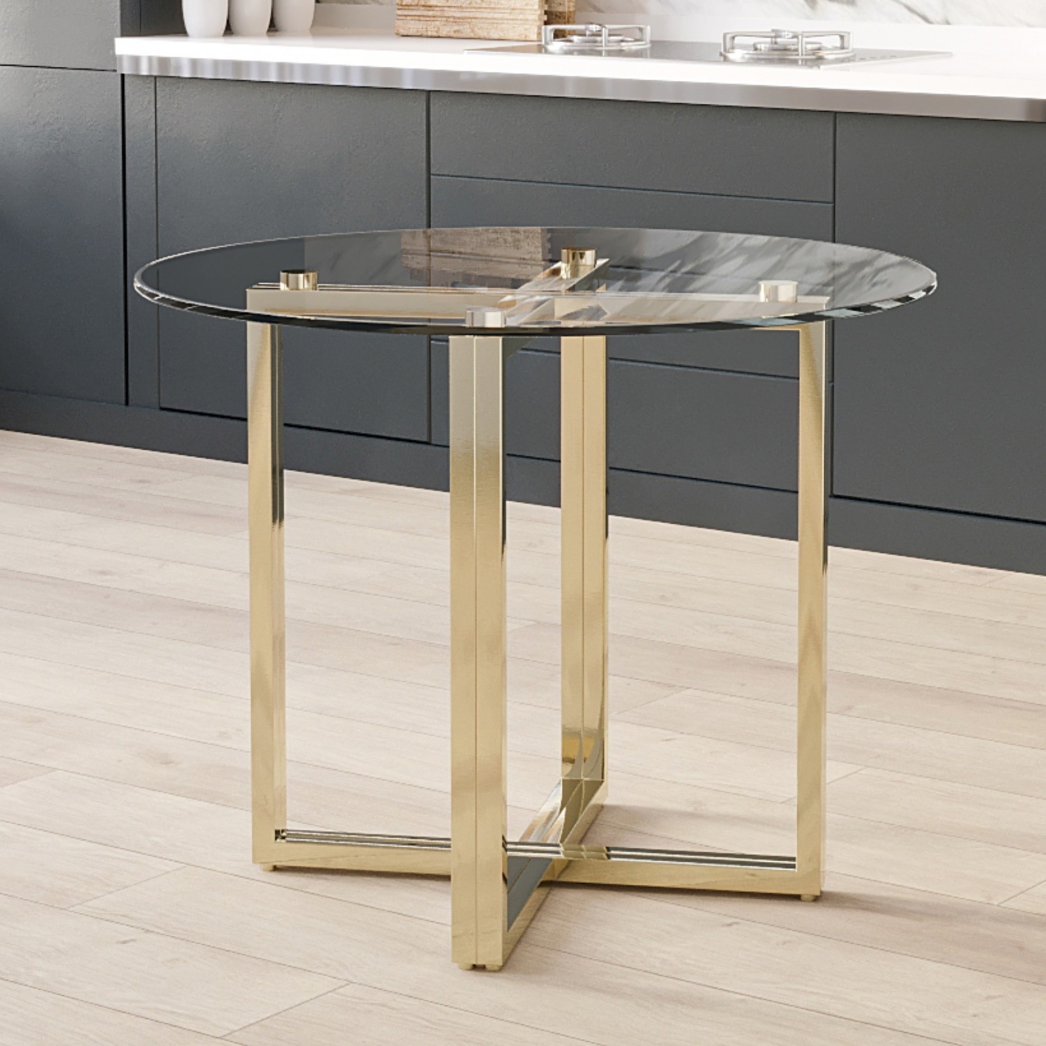 Round glass dining table with gold legs seats 4 alana boutique £99.