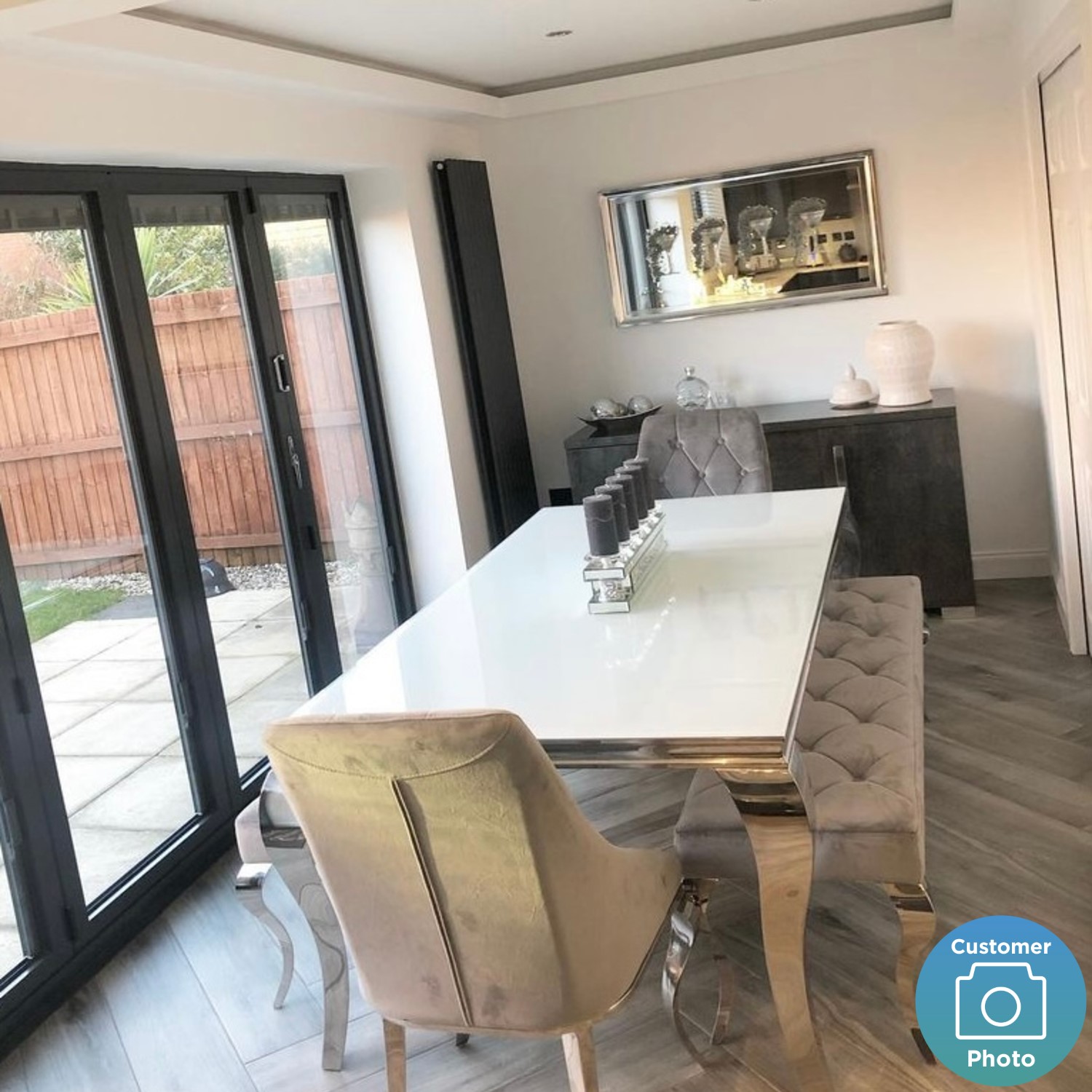 jade boutique mirrored dining table with white glass seats 6 160cm furniture123