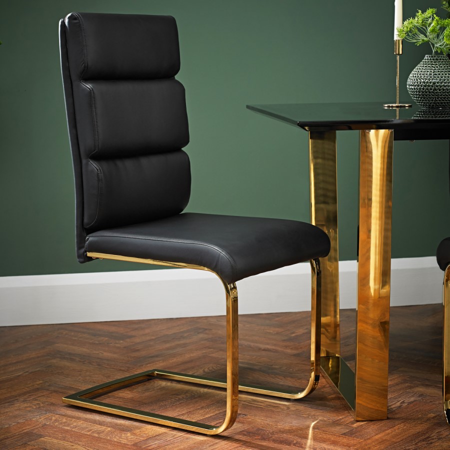 LPD Antibes Pair of Dining Chairs with Black Faux Leather with Polished Gold Legs