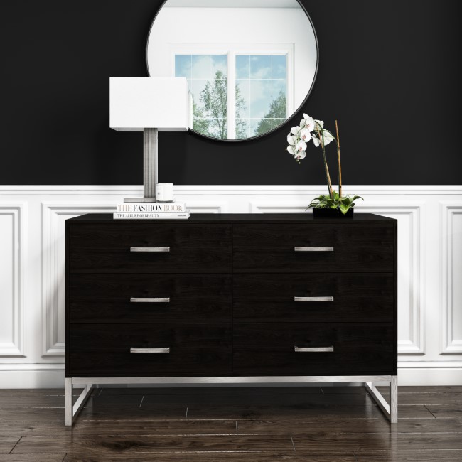 GRADE A1 - Anaya 6 Drawer Wide Chest of Drawers in Black with Chrome Legs