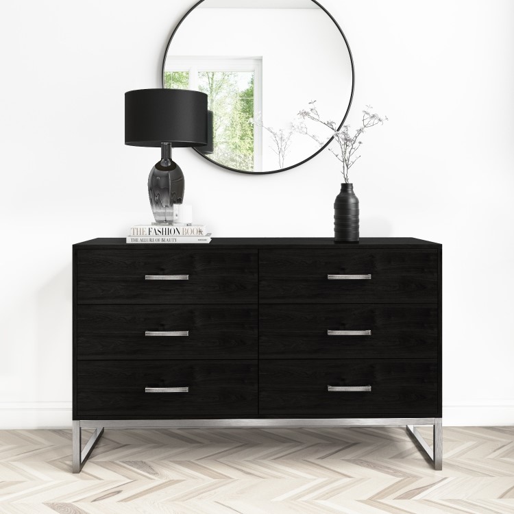 GRADE A2 - Black Solid Wood 6 Drawer Wide Chest of Drawers - Anaya