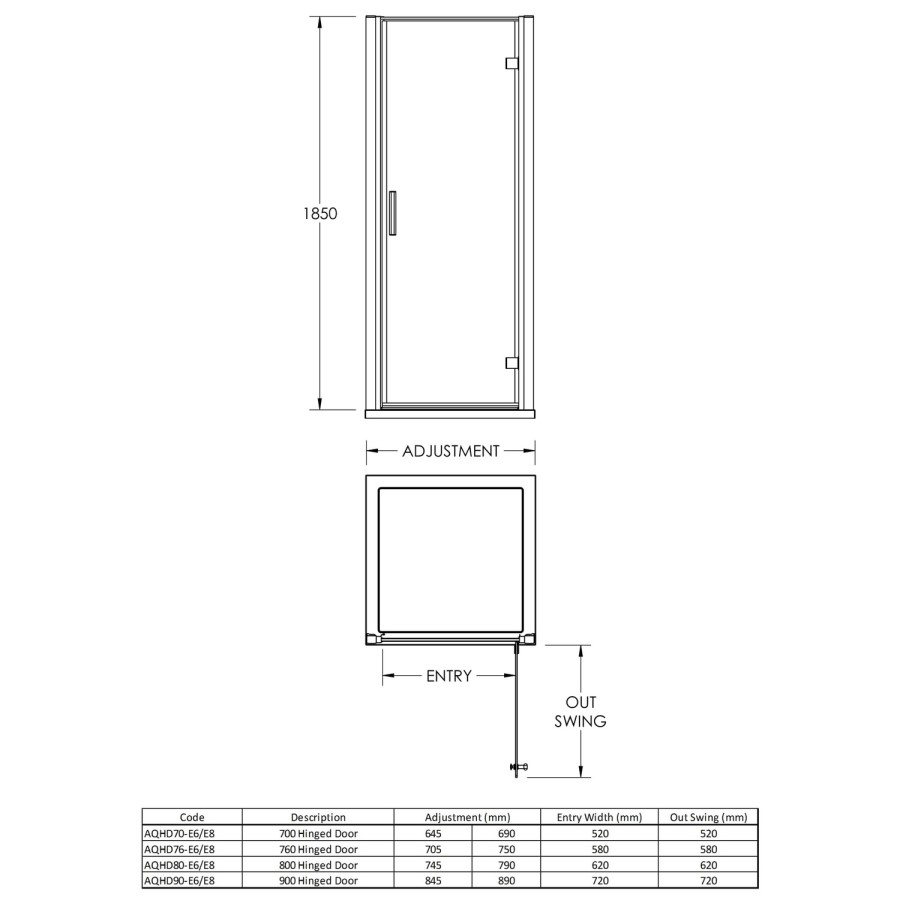 900mm Hinged Shower Door-Fiji 