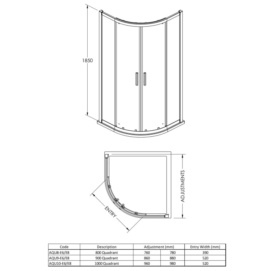 900 x 900mm Quadrant Shower Enclosure - 6mm Glass - Fiji