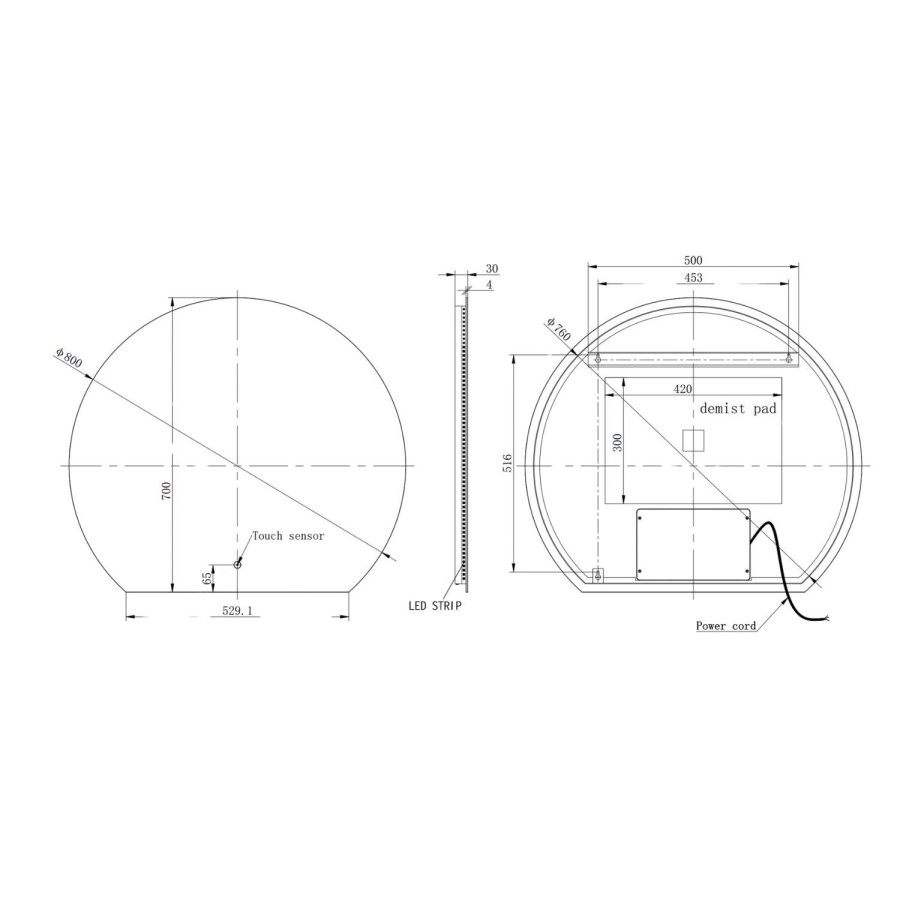 Semi Circle Backlit Heated Bathroom Mirror with Lights 800 x 700mm - Ara