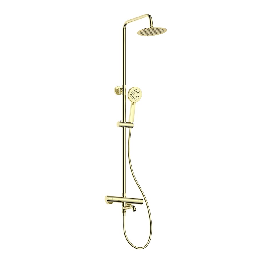 Brushed Brass Round Thermostatic Mixer Shower Set with Bath Filler Spout - Arissa