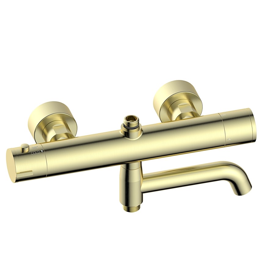 Brushed Brass Round Thermostatic Mixer Shower Set with Bath Filler Spout - Arissa