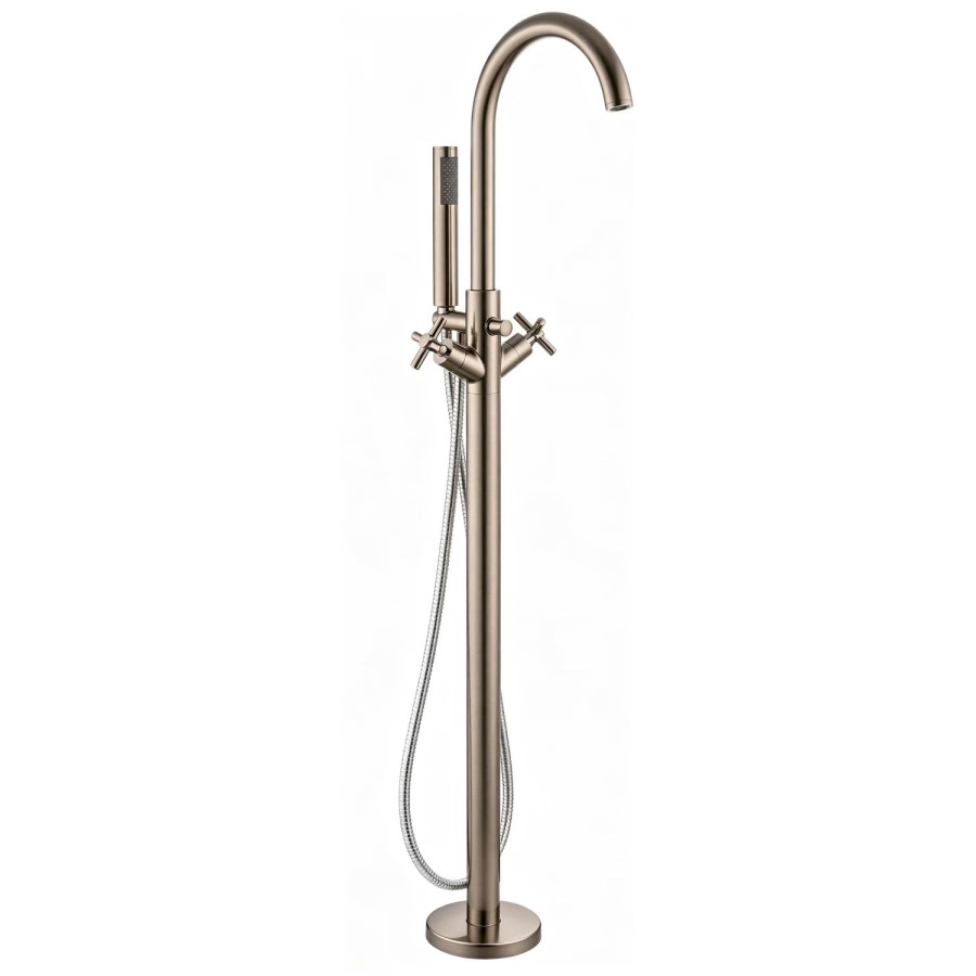 Brushed Brass Freestanding Bath Shower Mixer Tap With Cross Head Handles - Arissa