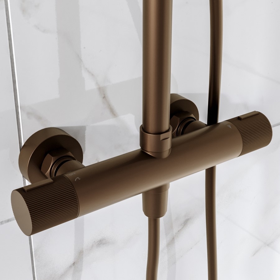 Brushed Bronze 2 Outlet Thermostatic Mixer Shower Set With Fluted Handles - Arissa
