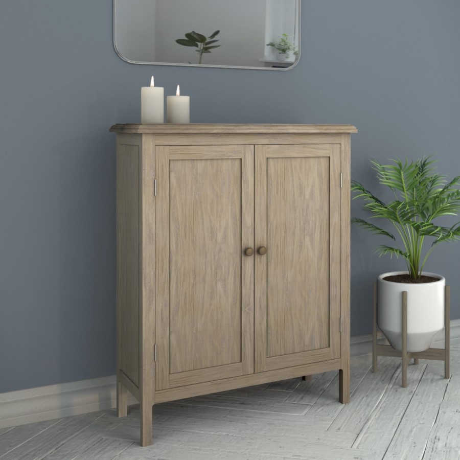 GRADE A1 - Solid Wood Shoe Cabinet with Lime Wash Finish - Arelette