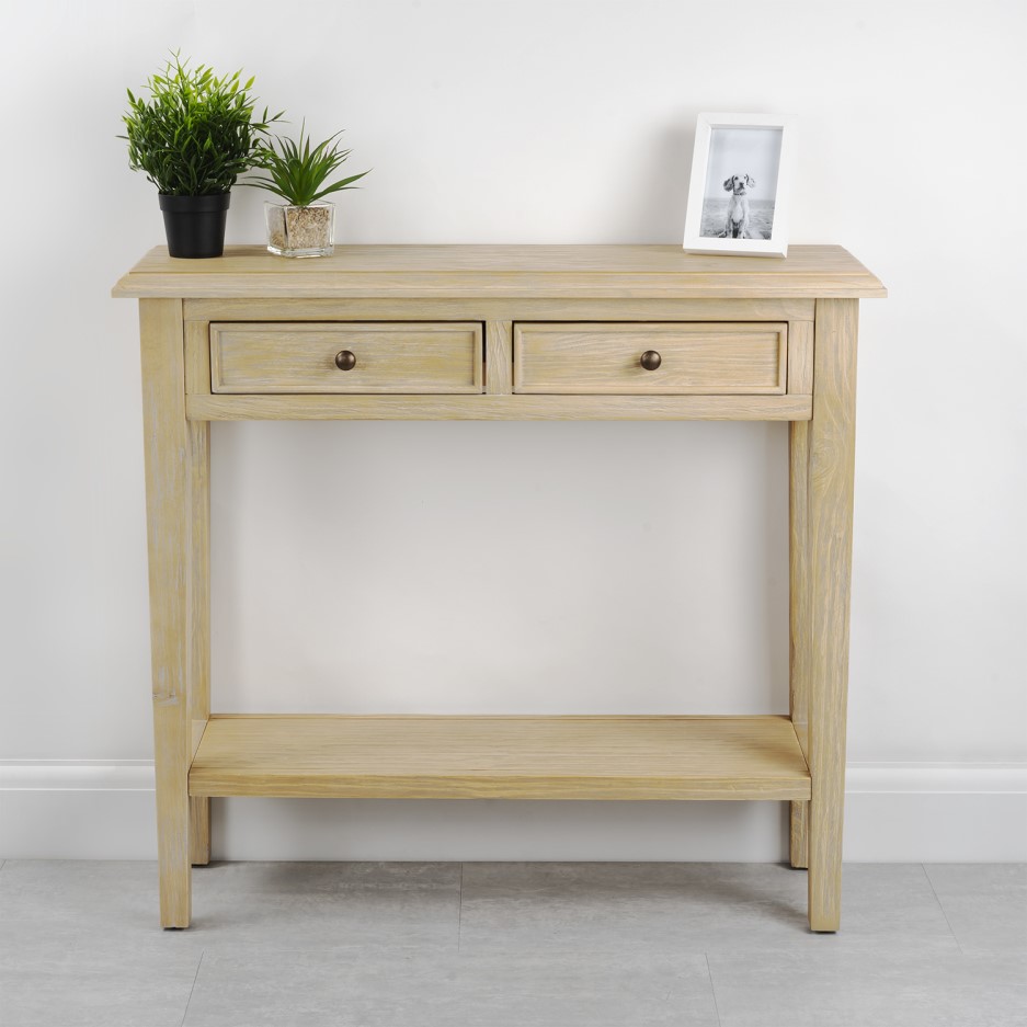 Narrow Light Wood Console Table with Drawers