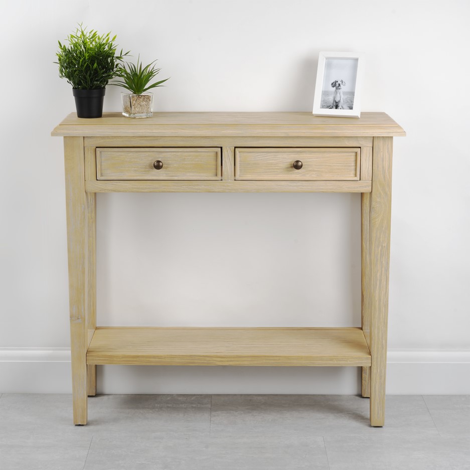 Narrow Light Wood Console Table with Drawers
