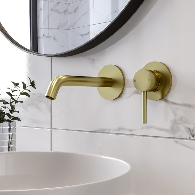 Brushed Brass Wall Mounted Basin Mixer Tap - Arissa