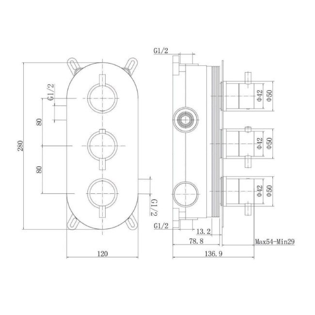 Brushed Brass 2 Outlet Concealed Thermostatic Shower Valve with Triple Control - Arissa