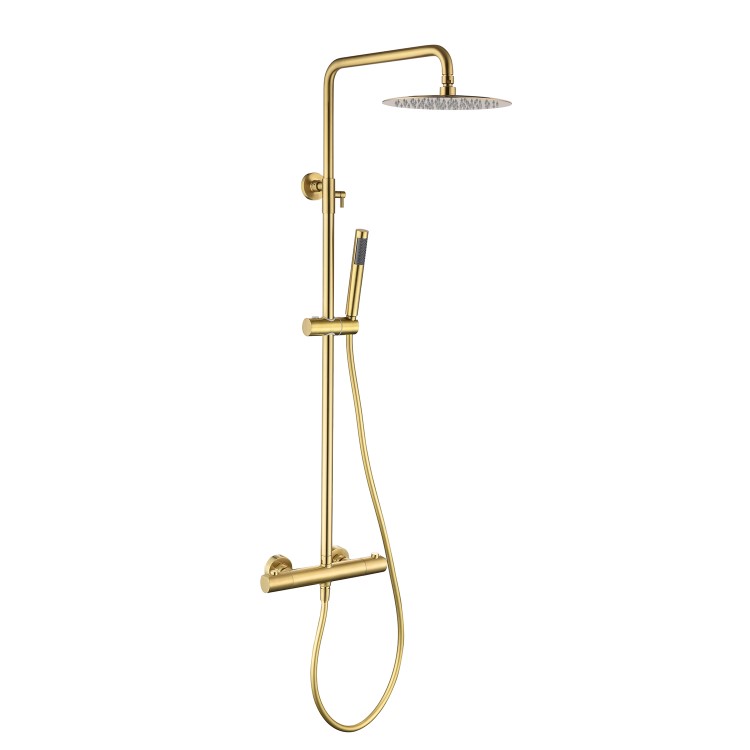 Brushed Brass Thermostatic Bar Mixer Shower Set with Slide Rail Kit & Pencil Hand Shower - Arissa