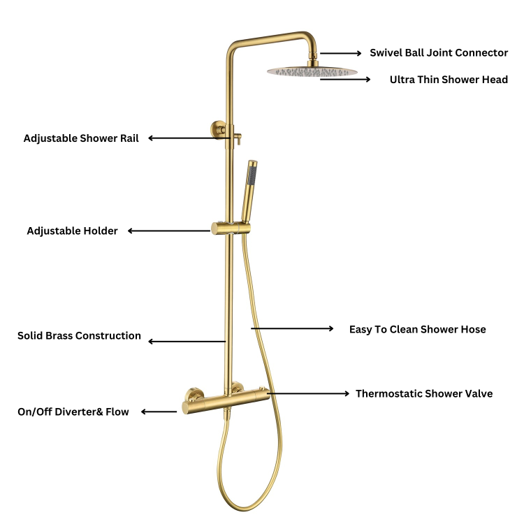 Brushed Brass Thermostatic Bar Mixer Shower Set with Slide Rail Kit & Pencil Hand Shower - Arissa