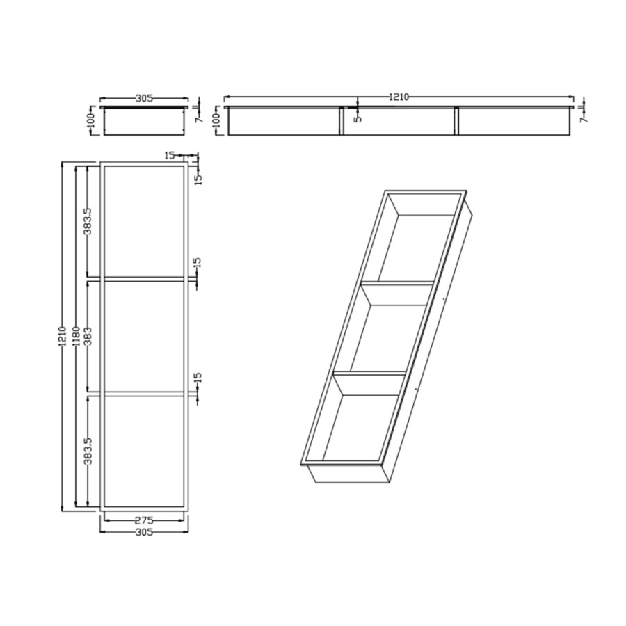 Brass Shower Niche with Shelves 305 x 1210mm