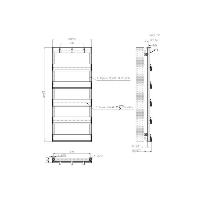 Black Towel Radiator with Hooks 1200 x 500mm - Arizona