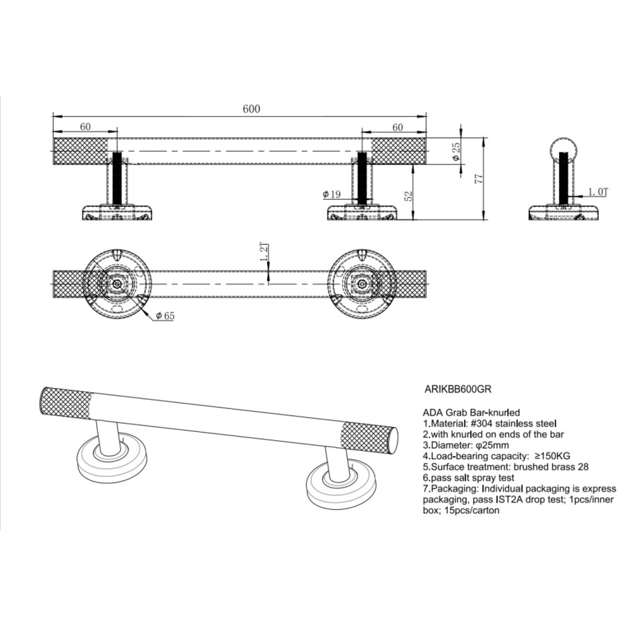 Brass Knurled Bathroom Grab Rail 600 x 77mm - Arissa