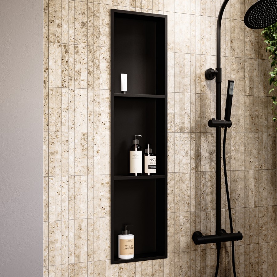 Black Shower Niche with Shelves 305 x 1210mm - Arissa