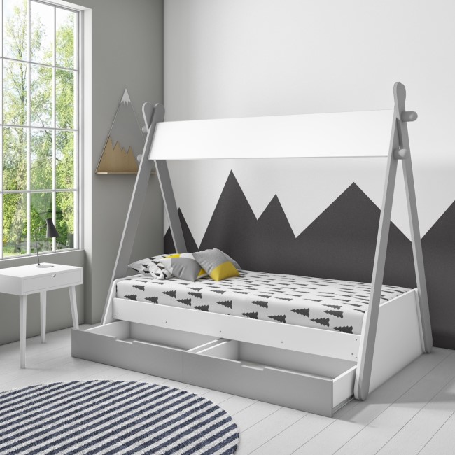 Arlo Grey and White Teepee Bed Frame with Pull Out Storage Drawers