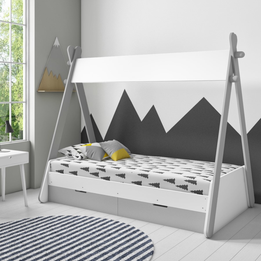 Arlo Grey and White Teepee Bed Frame with Pull Out Storage Drawers