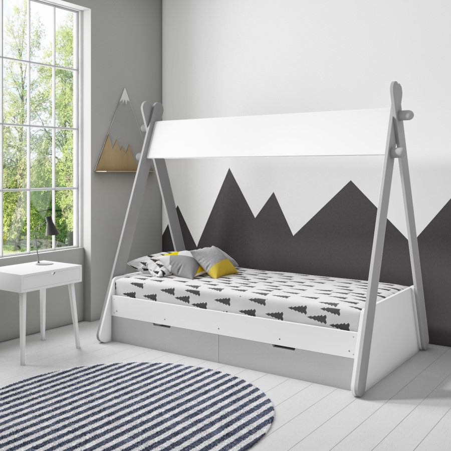 Arlo Grey and White Teepee Bed Frame with Pull Out Storage Drawers