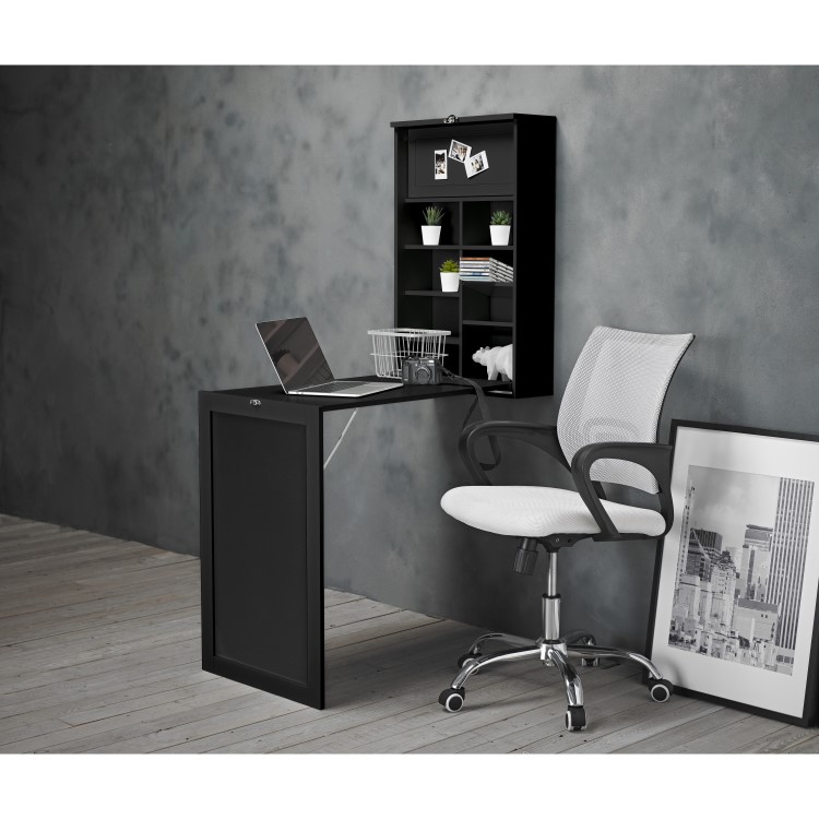 Black Wooden Wall Mounted Folding Desk with Shelves - LPD