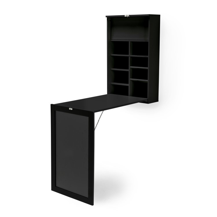 Black Wooden Wall Mounted Folding Desk with Shelves - LPD