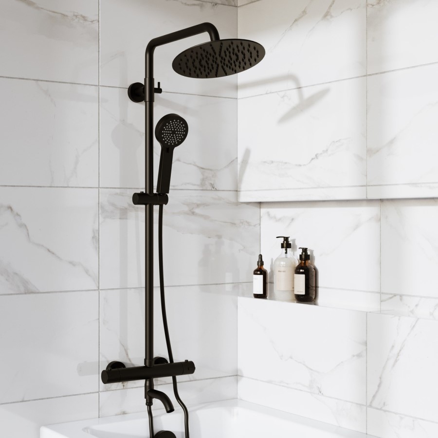 Black 3 Outlet Thermostatic Mixer Shower Set with Bath Filler Spout & Hand Shower - Arissa