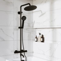 Black Round Thermostatic Mixer Shower Set with Bath Filler Spout - Arissa