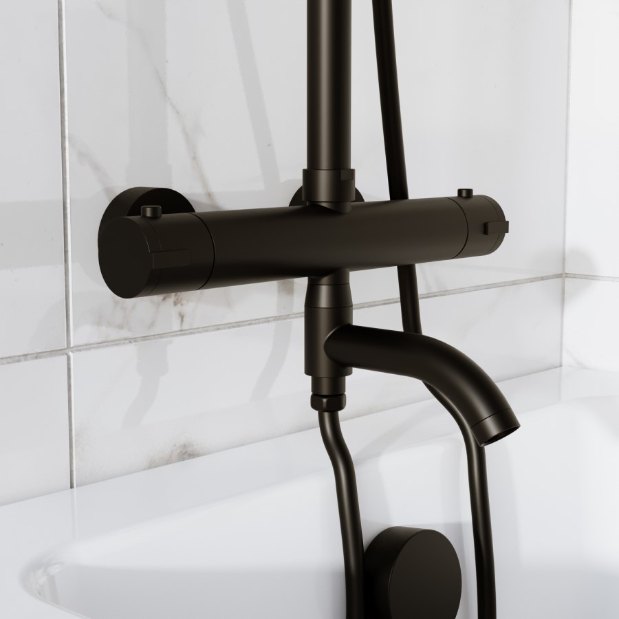 Black Round Thermostatic Mixer Shower Set with Bath Filler Spout - Arissa