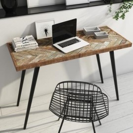 Industrial Office Desk With Parquet Solid Mango Wood Top Black