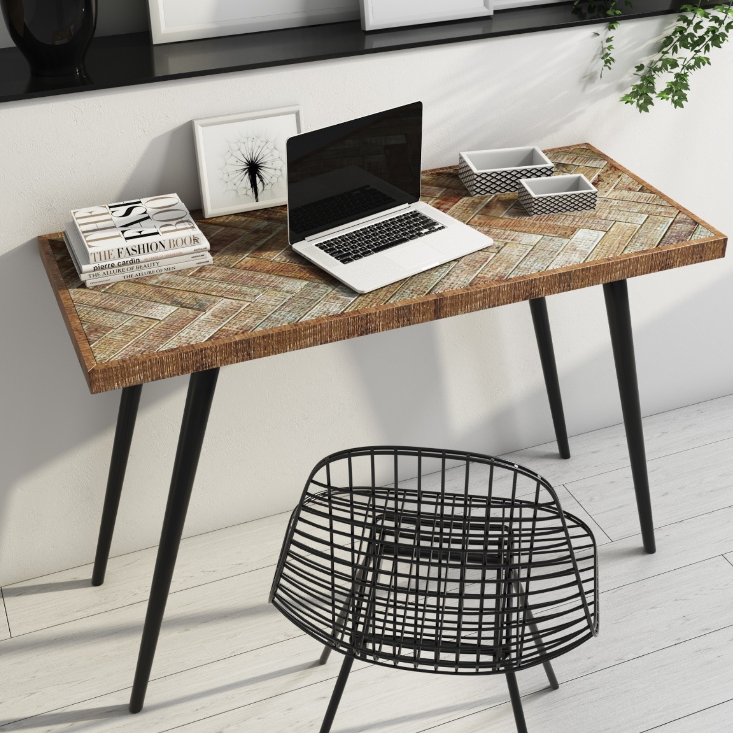 Industrial Office Desk With Parquet Solid Mango Wood Top Black Metal Legs Arno Furniture123