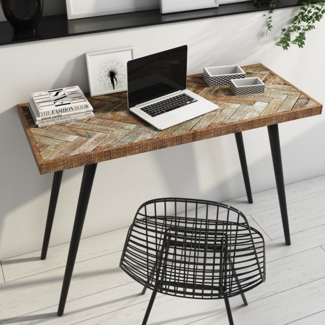 Industrial Office Desk with Solid Mango Wood Herringbone Top - Arno