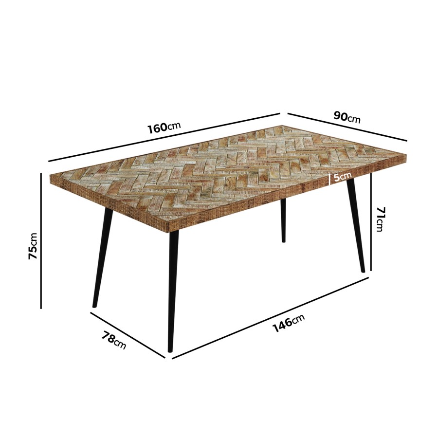Herringbone Dining Table in Solid Mango Wood - Seats 6 - Arno