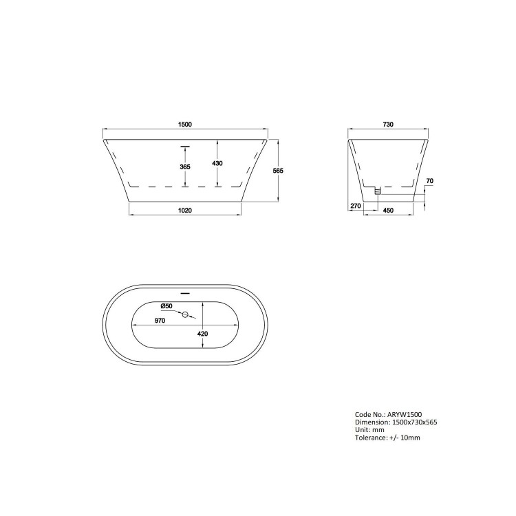 Freestanding Double Ended Bath 1500 x 730mm - Arya