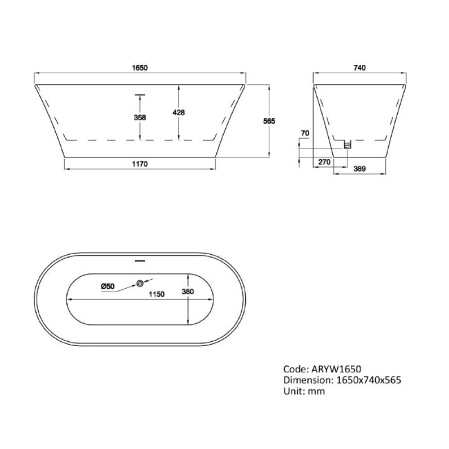 Freestanding Double Ended Bath 1650 x 740mm - Arya