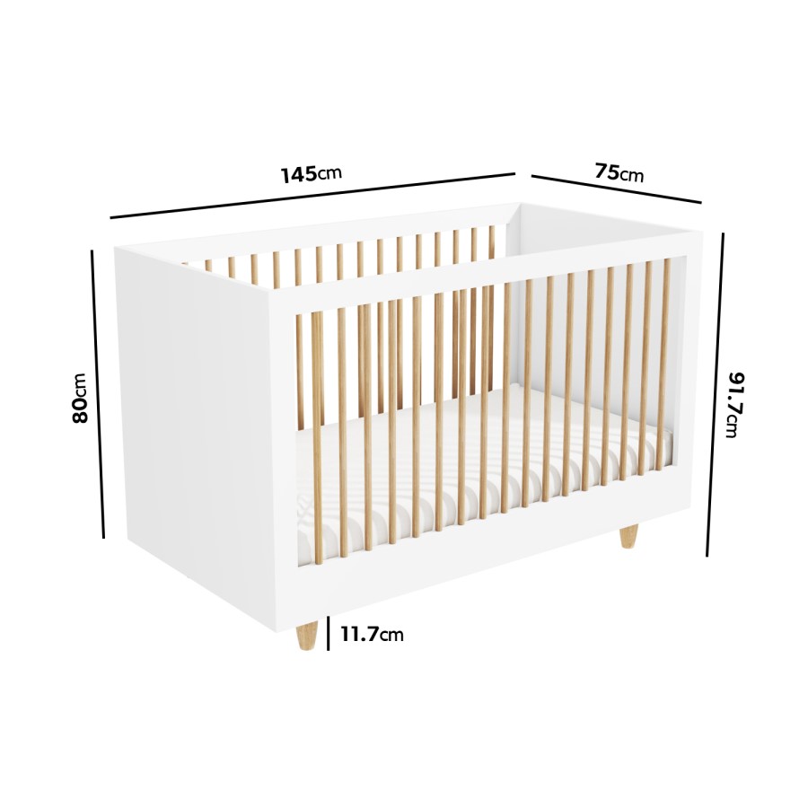 GRADE A1 - White Cot Bed with Pine Detail and 3 Adjustable Heights - Astelle