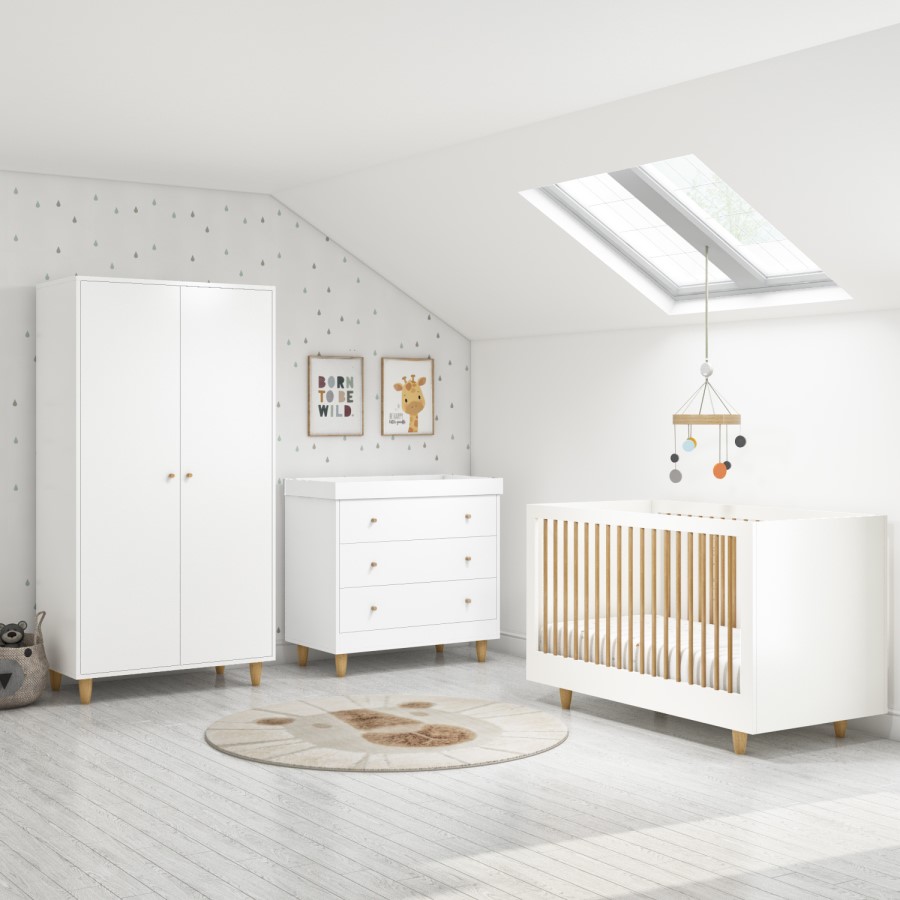GRADE A1 - White Cot Bed with Pine Detail and 3 Adjustable Heights - Astelle