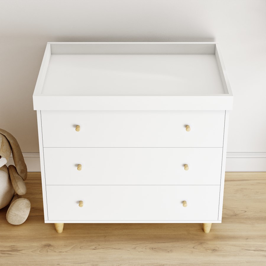 White Scandi Pine Wood Changing Unit with 3 Drawers - Astelle