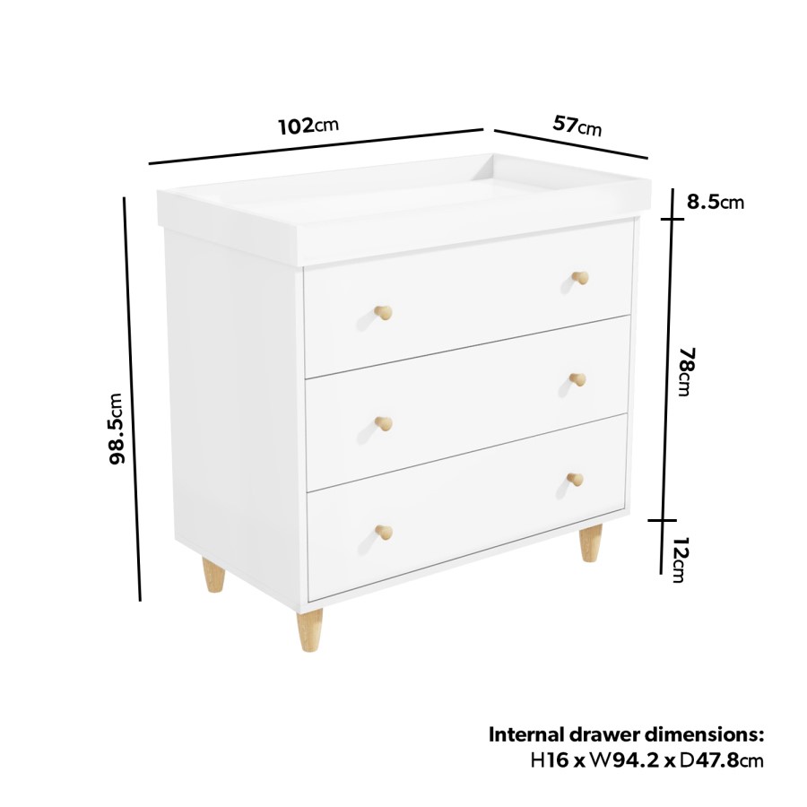 White Scandi Pine Wood Changing Unit with 3 Drawers - Astelle