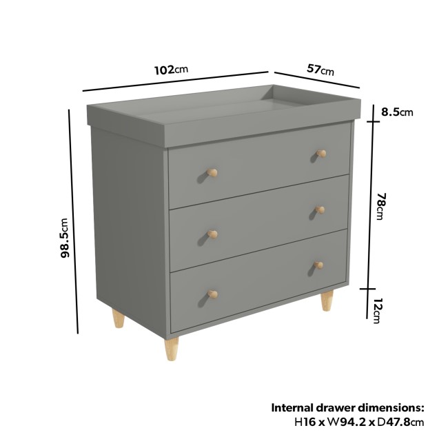 Grey Scandi Pine Wood Changing Unit with 3 Drawers - Astelle