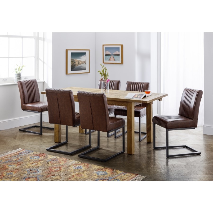 Julian Bowen Aspen Extendable Dining Table in Reclaimed Pine & 6 Brown Brooklyn Faux Leather Chairs