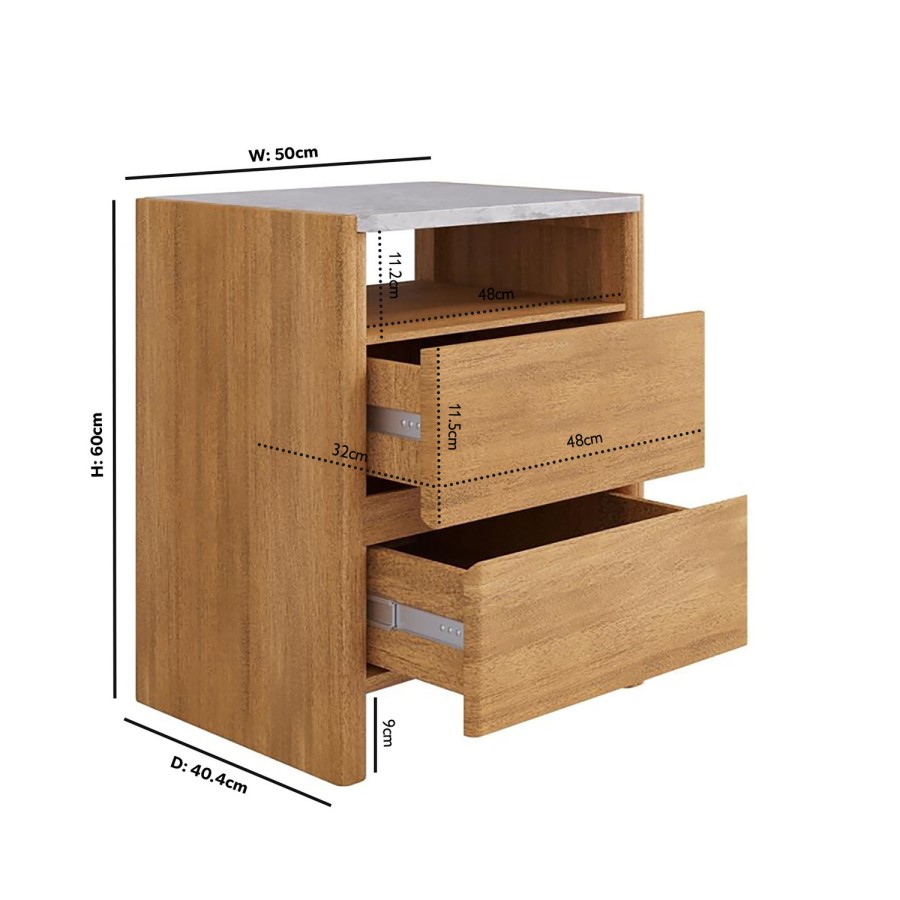 Solid Acacia 2 Drawer Bedside Table with Real Marble Top - Asher
