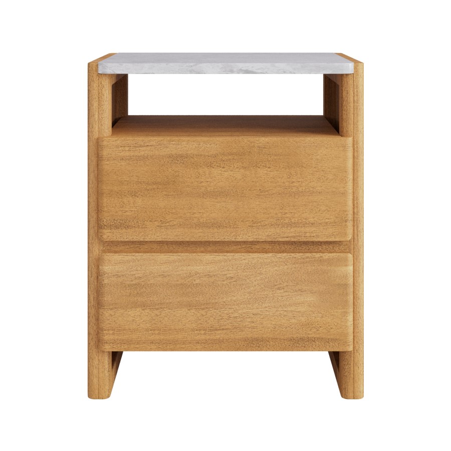 Solid Acacia 2 Drawer Bedside Table with Real Marble Top - Asher