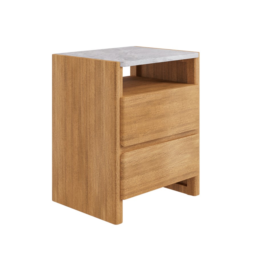 Solid Acacia 2 Drawer Bedside Table with Real Marble Top - Asher