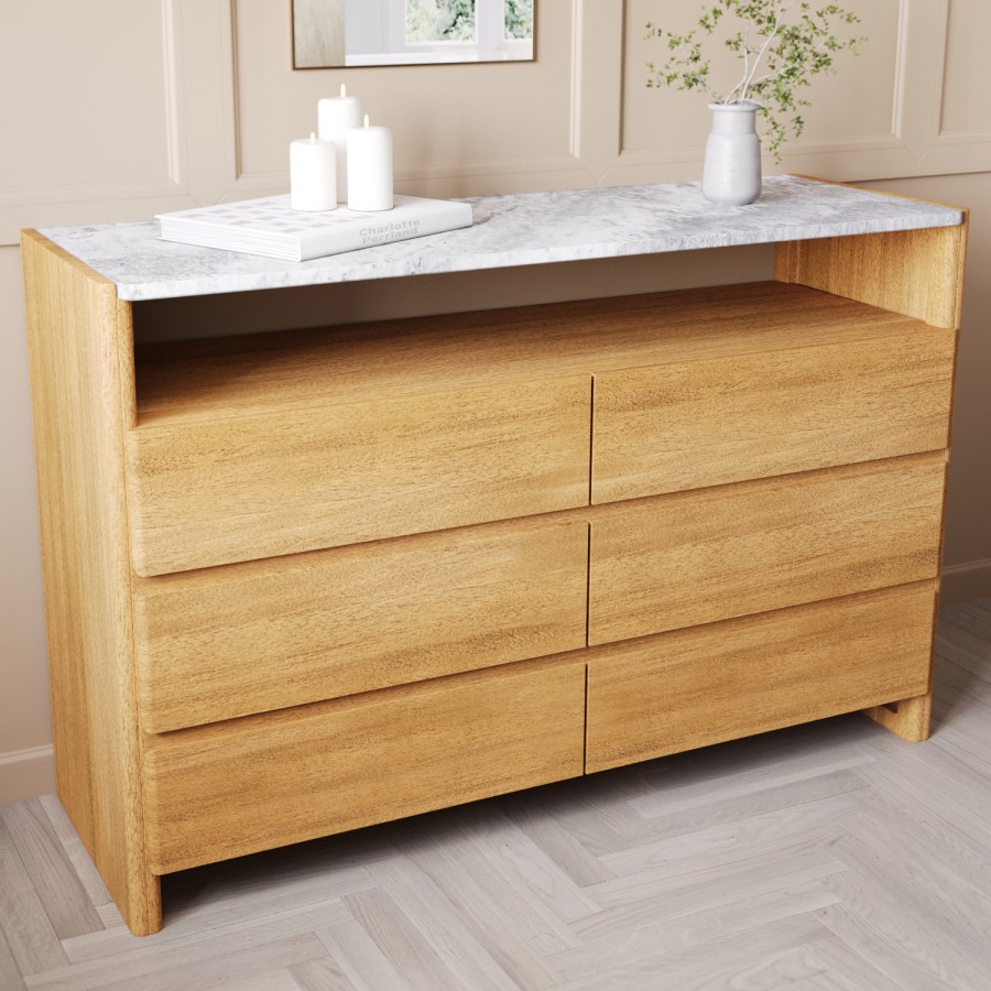 Solid Acacia Chest of 6 Drawers with Real Marble Top - Asher