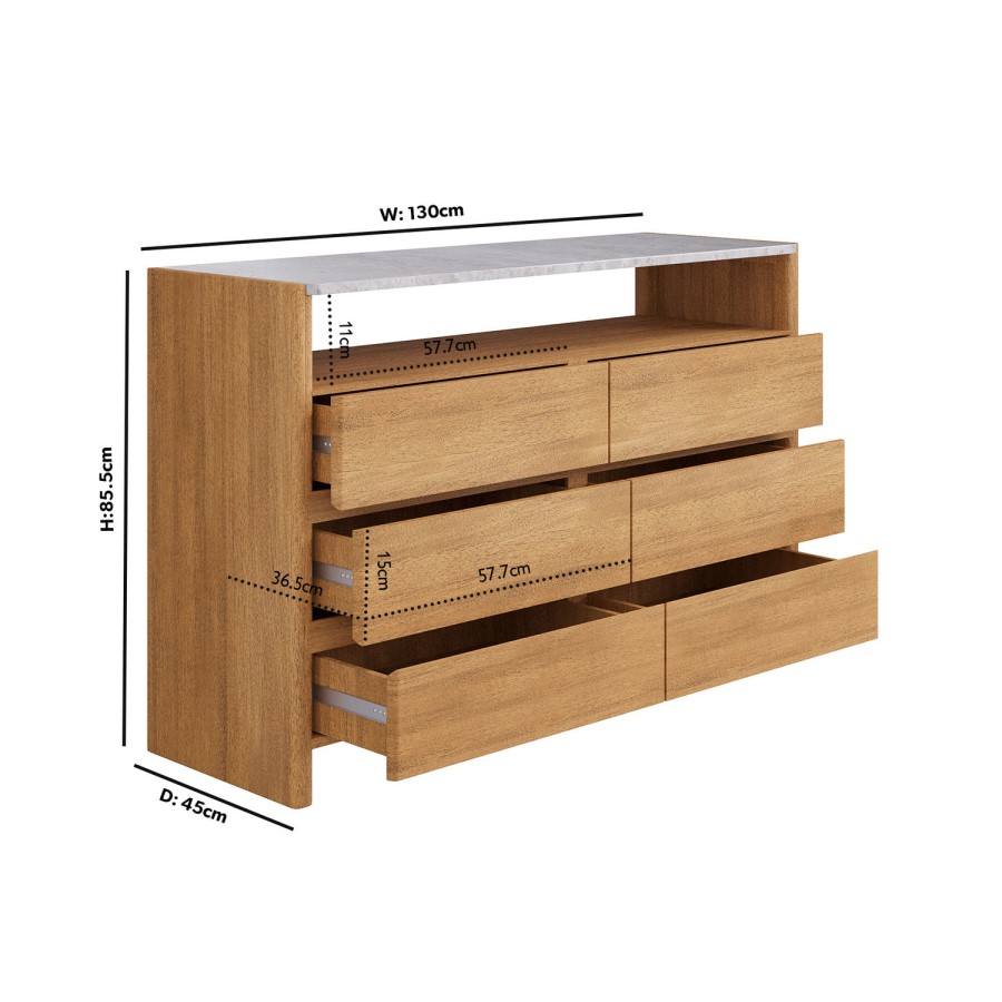Solid Acacia Chest of 6 Drawers with Real Marble Top - Asher