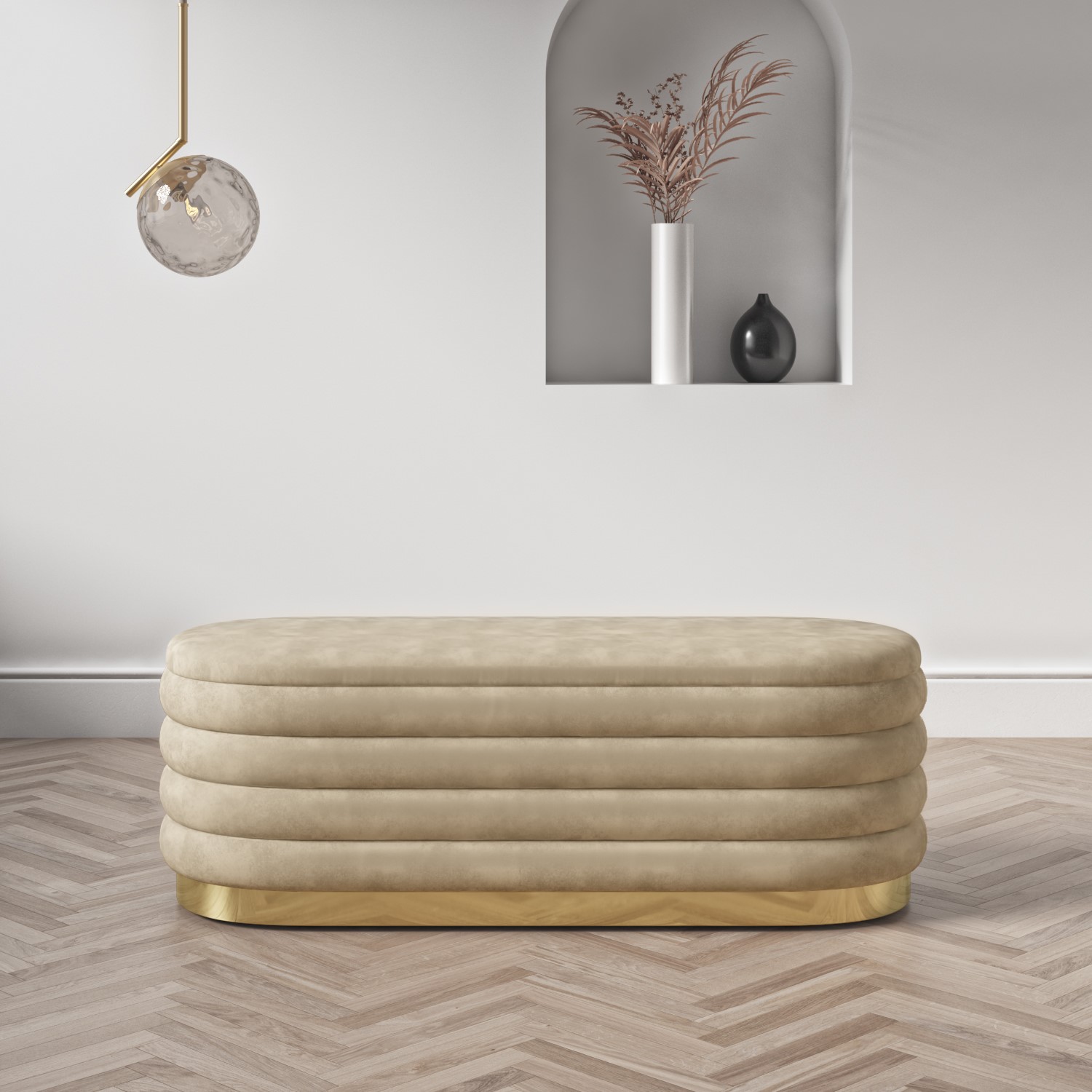 Oval beige velvet ottoman blanket box with gold plinth astrid £189.97