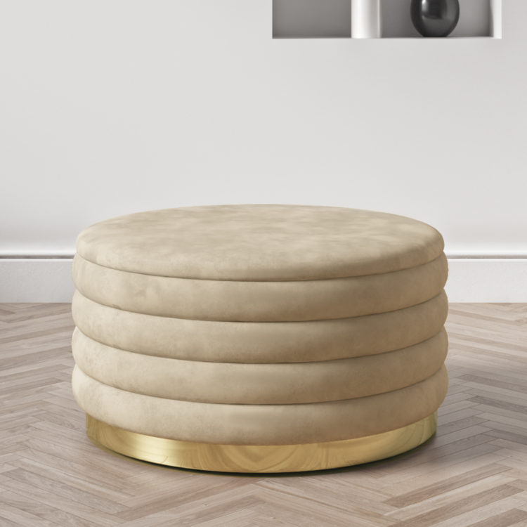 Round Storage Pouffe Upholstered in Beige Velvet - Astrid